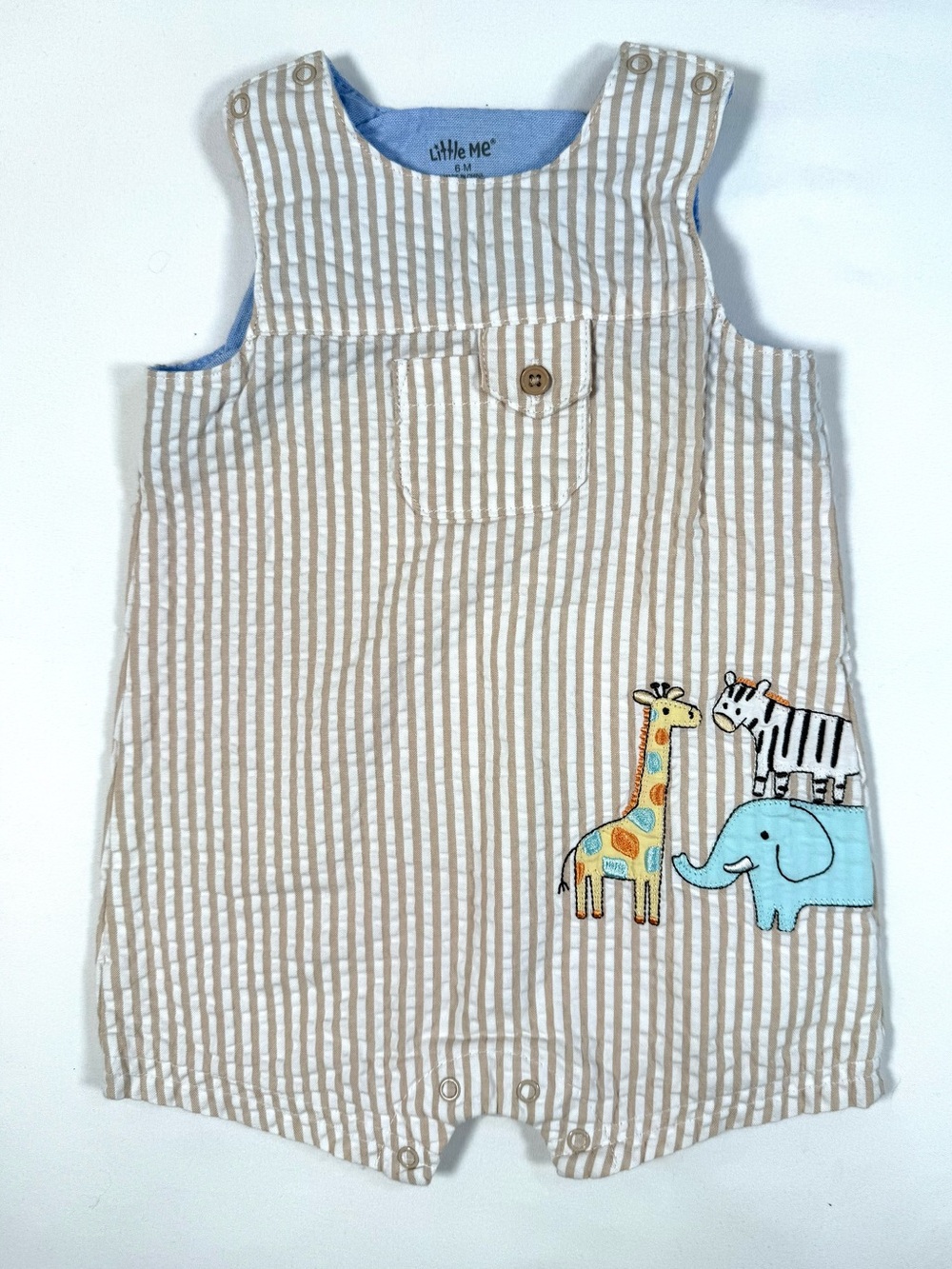 LITTLE ME Boys Safari Animal Seersucker Shortall 6M Zoo Animal Embroidered Class